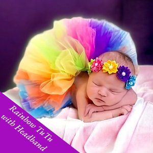 NWT Baby Girls 'Deep Magic' Rainbow TuTu w/Flower Headband Size: 0-6 Months